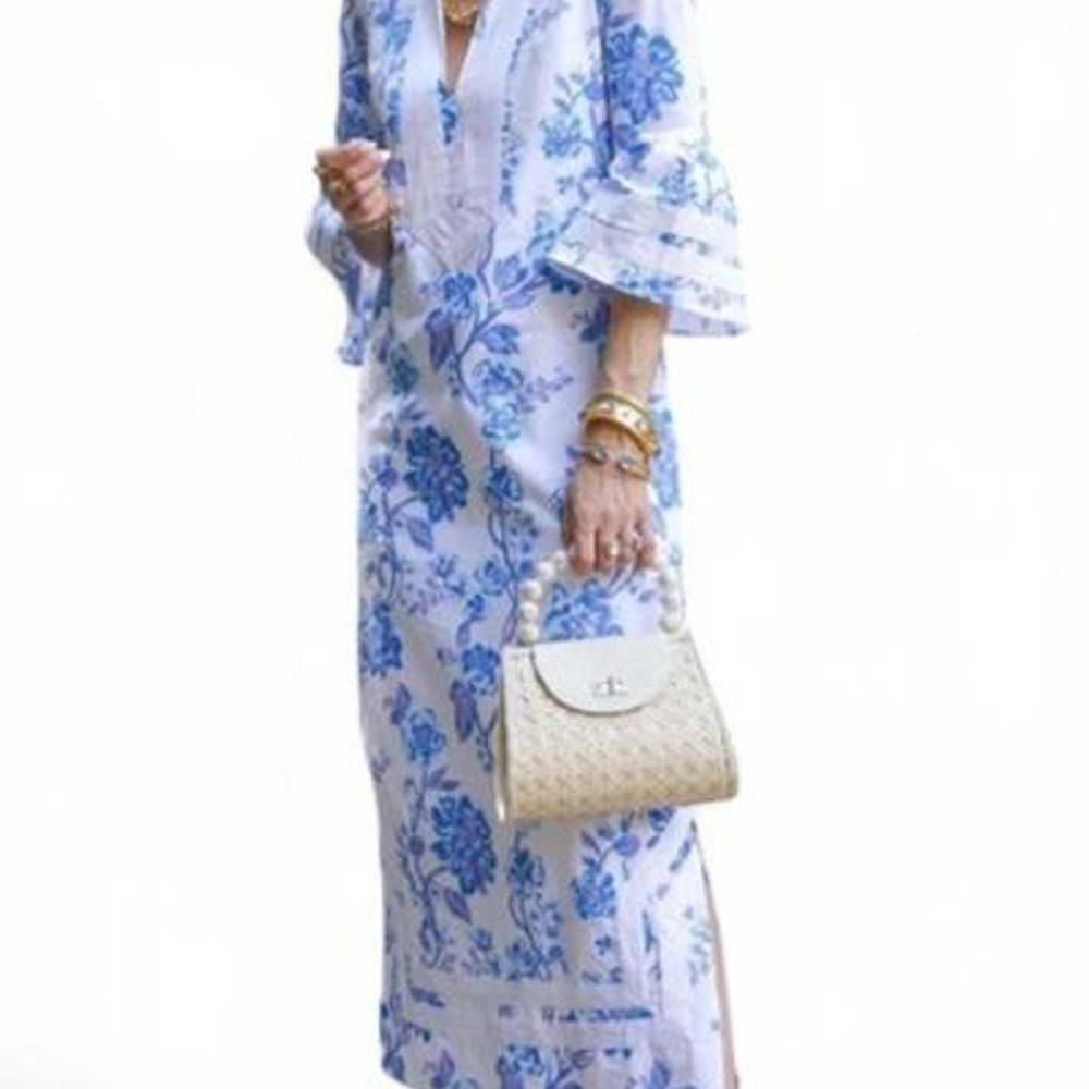 OSHOPLIVE Flared Sleeve Loose Flower Print Deep V-Neck Midi Dress
